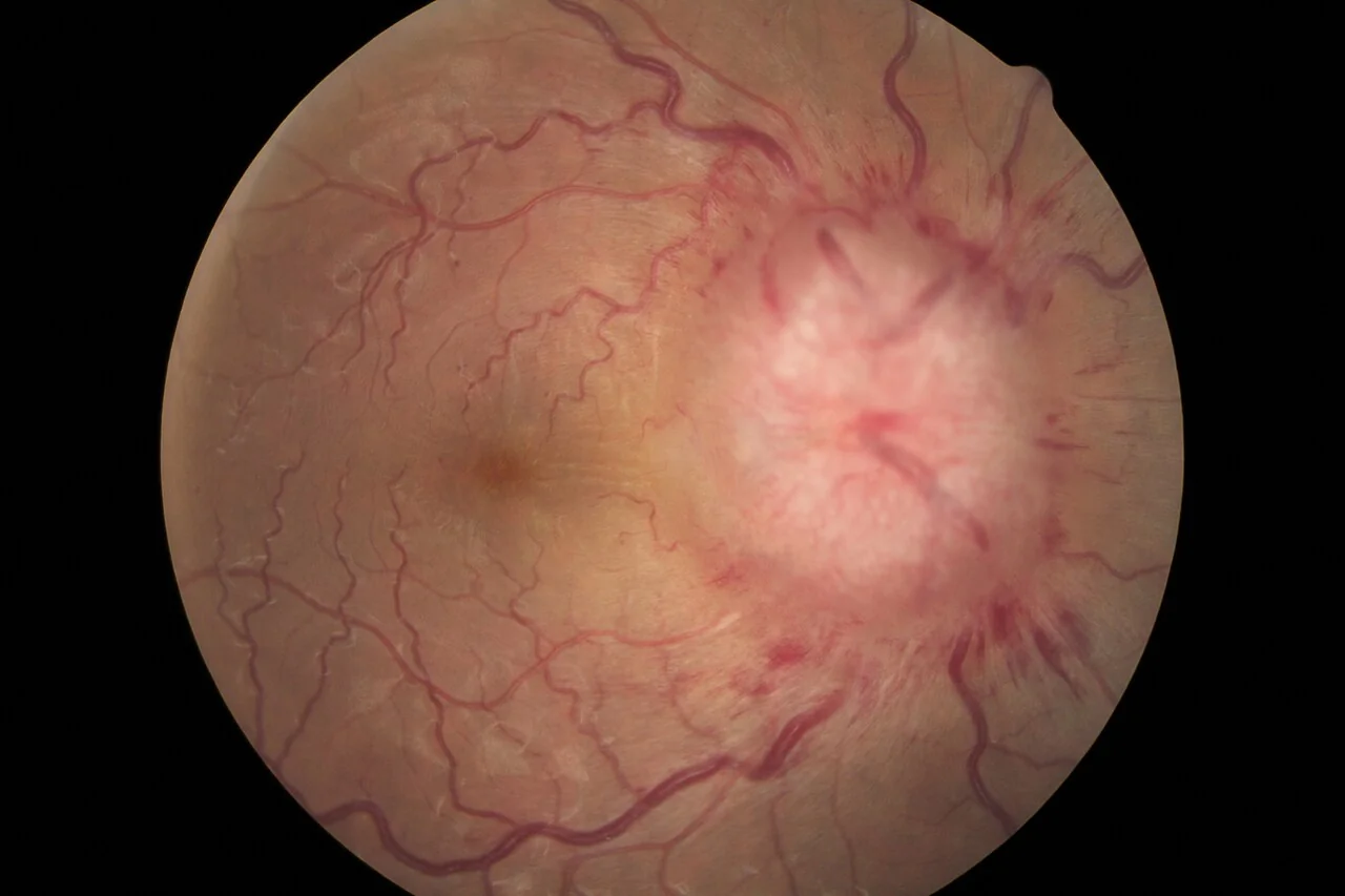 Fundus photograph of the right eye showing a swollen, elevated optic disc with blurred margins and engorged, tortuous retinal vessels, consistent with papilloedema.